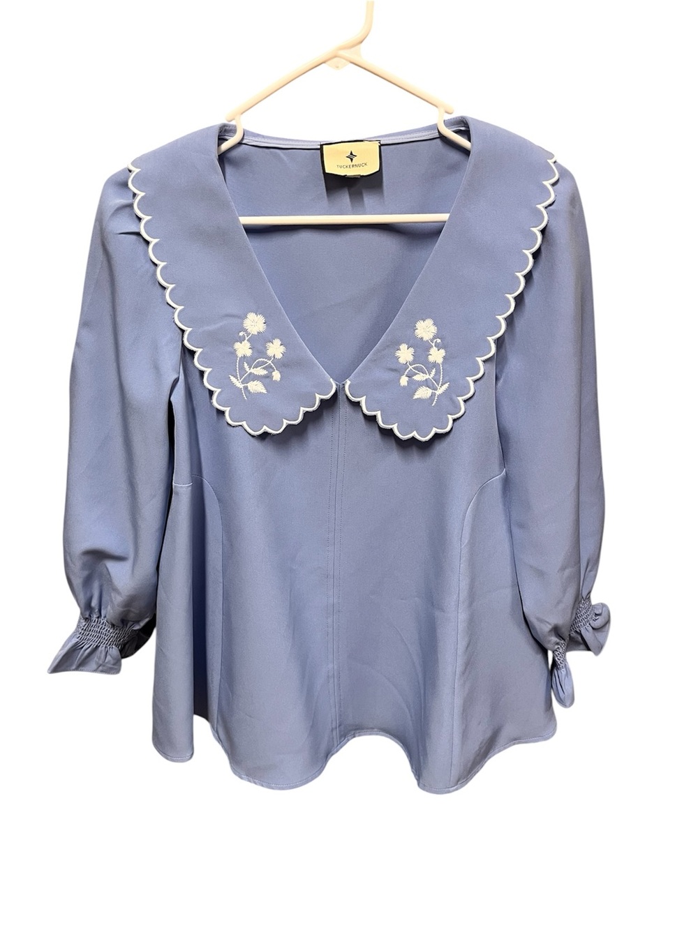 TUCKERNUCK Easton Blouse Cornflower Blue Embroidered Collar Small Cottagecore